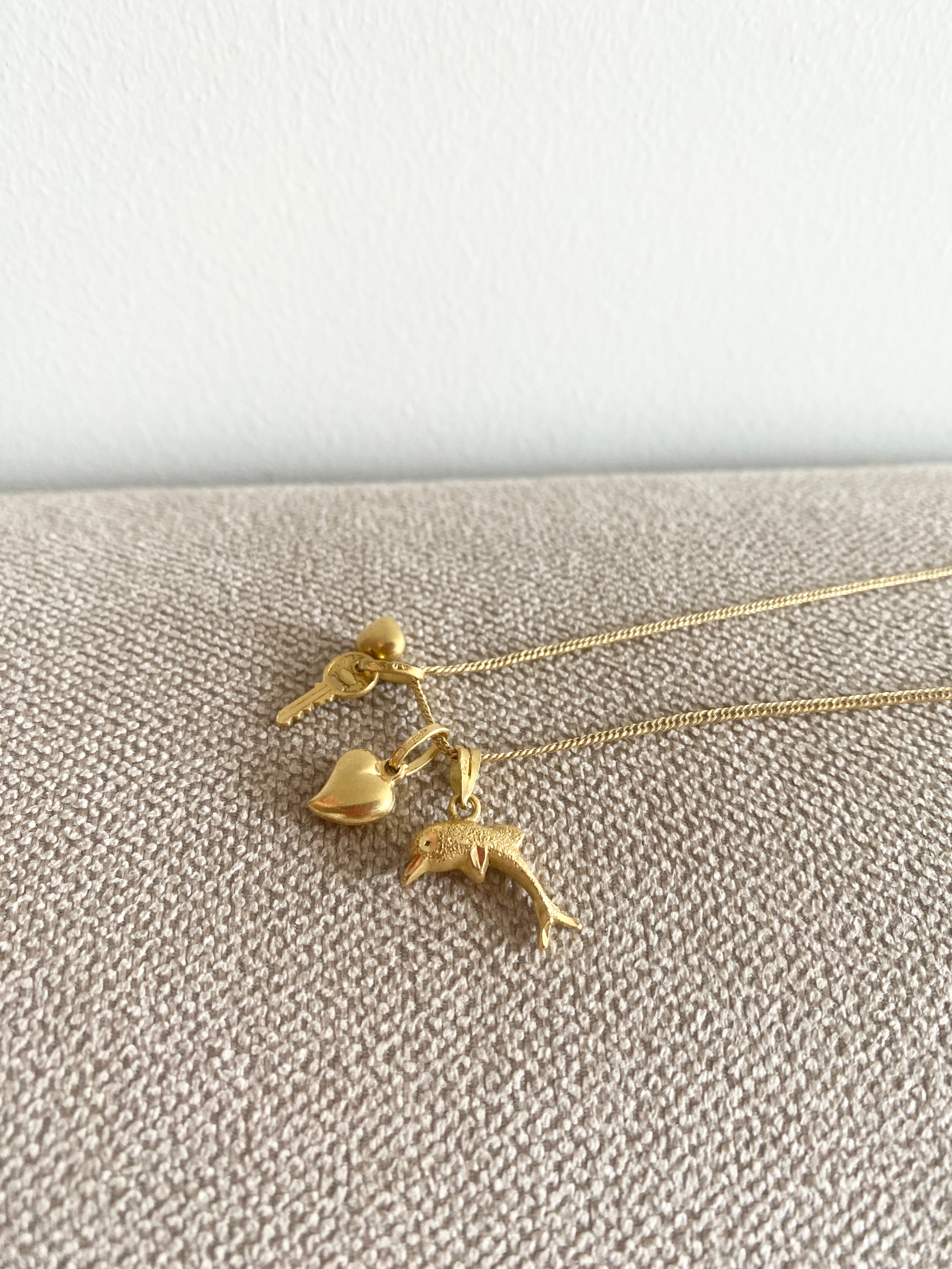 Heart, Key & Dolphin Assorted Cute Pendants SET in 18K Yellow Gold Necklace