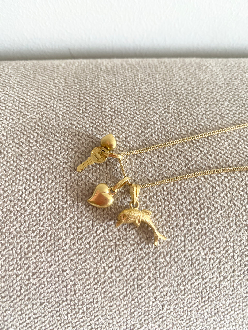 Heart, Key & Dolphin Assorted Cute Pendants SET in 18K Yellow Gold Necklace