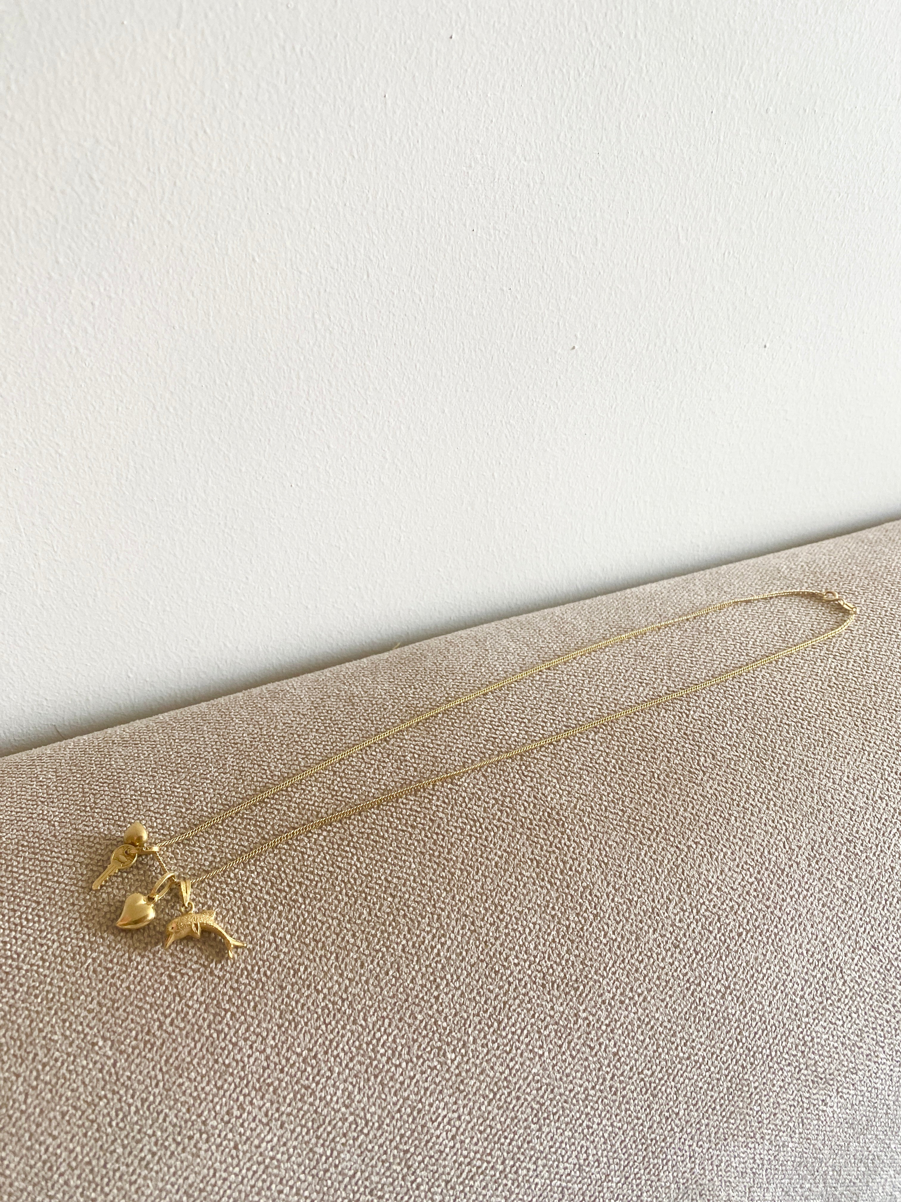 Heart, Key & Dolphin Assorted Cute Pendants SET in 18K Yellow Gold Necklace